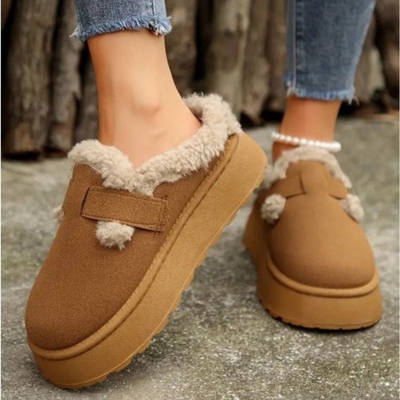 Shoes - Brown Plush Buckle Slip On Shoes with Platform Indoor/Outdoor Slippers